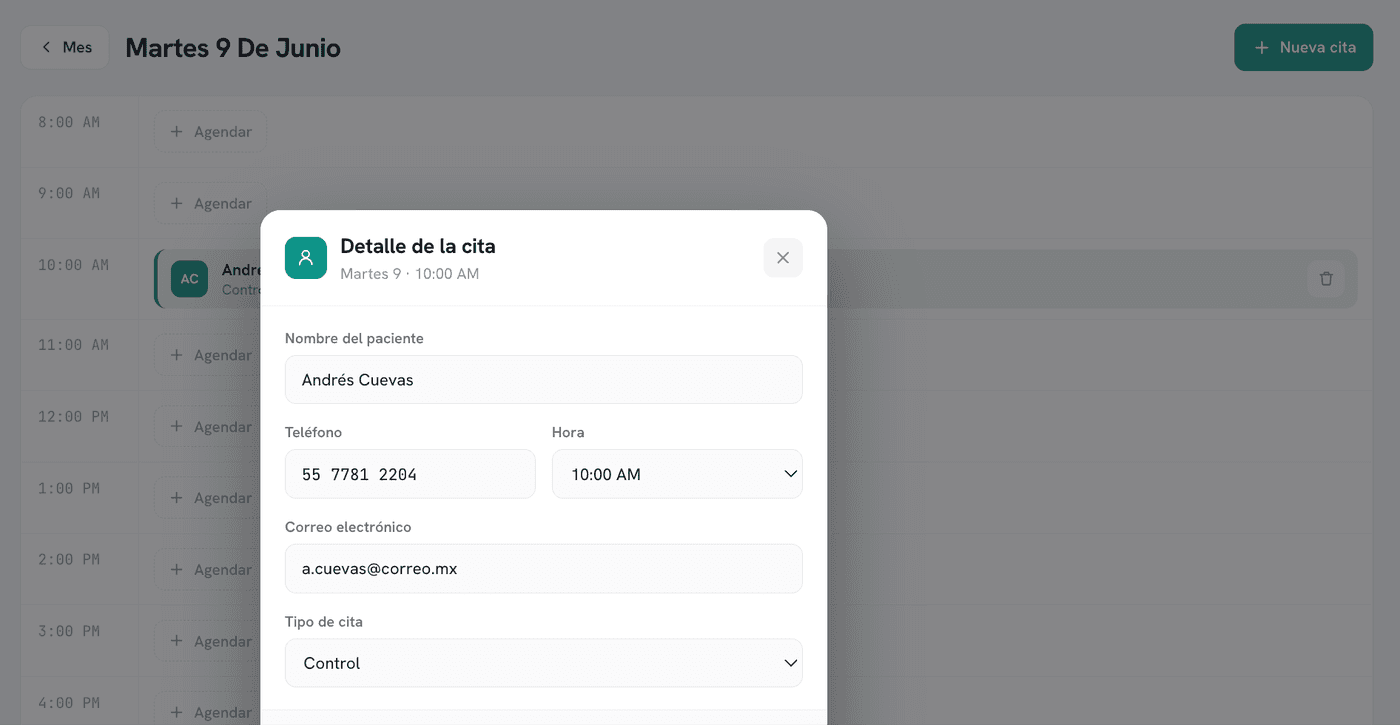 Agenda y detalle de cita