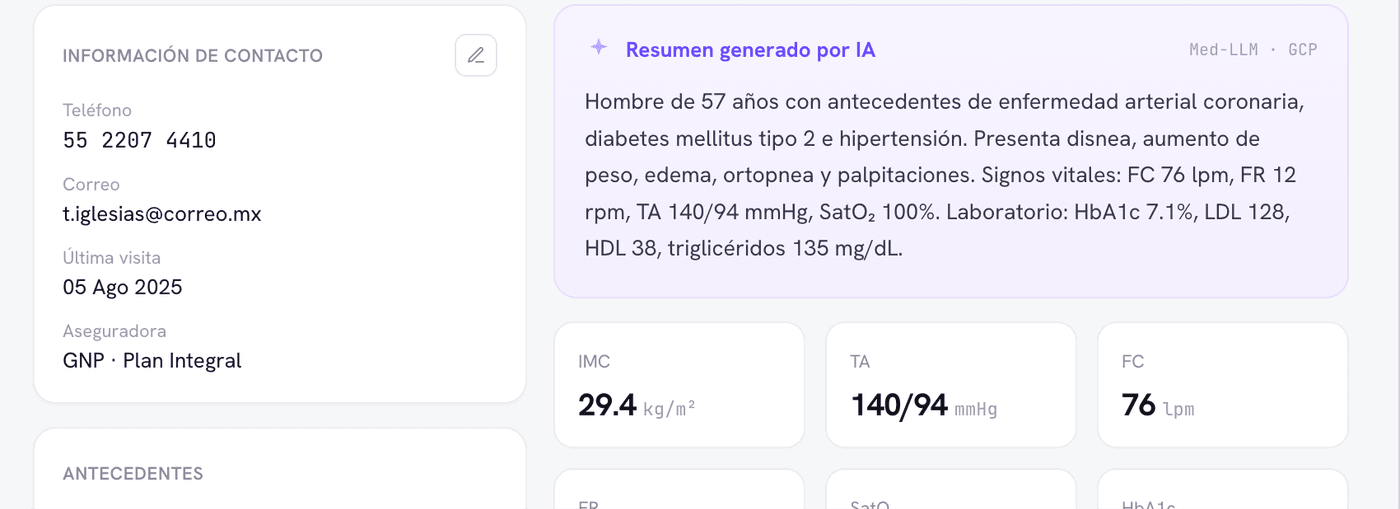 Expediente con resumen generado por IA y signos vitales